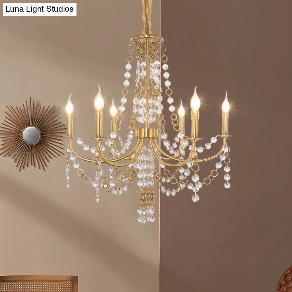 Minimalistic Crystal Chandelier - 6 Lights Gold Finish Bedroom Ceiling Lamp