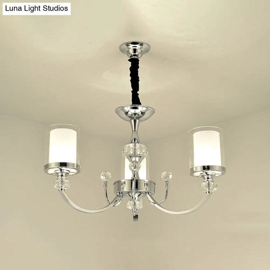 Dual-Layer Clear And Opal Glass Ceiling Lamp: 3-Head Minimalism Chandelier With Crystal Deco In