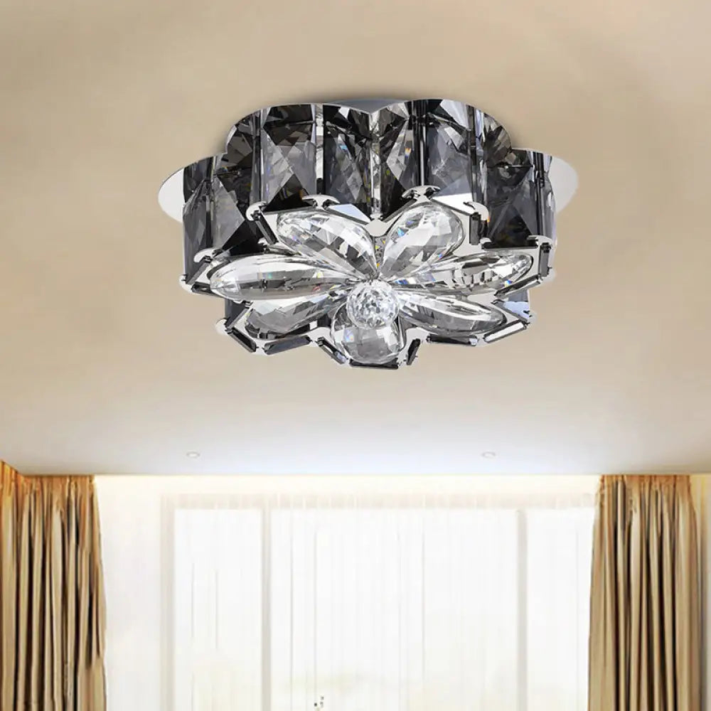 Minimalistic Crystal Flower Ceiling Lamp With Led Flush Mount Smoke Gray