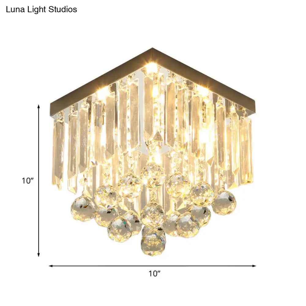 Minimalistic Cube Foyer Ceiling Led Flush Mount Light With Clear Crystal Accents