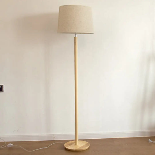 Minimalistic Fabric Tapered Drum Floor Lamp With Wood Stand - 1 Head Standing Light Flaxen