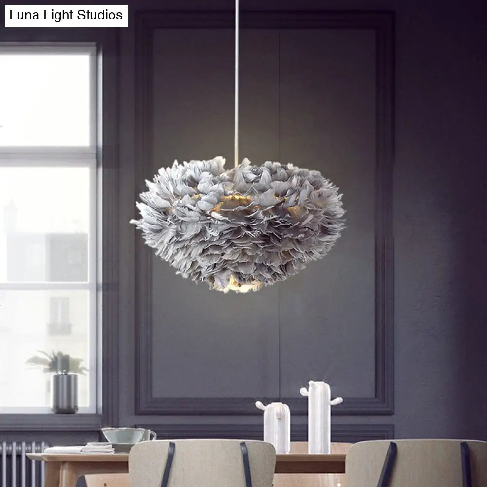 Minimalistic Feather Chandelier Light For Girls Bedroom Ceiling - Hemisphere Shaped Fixture