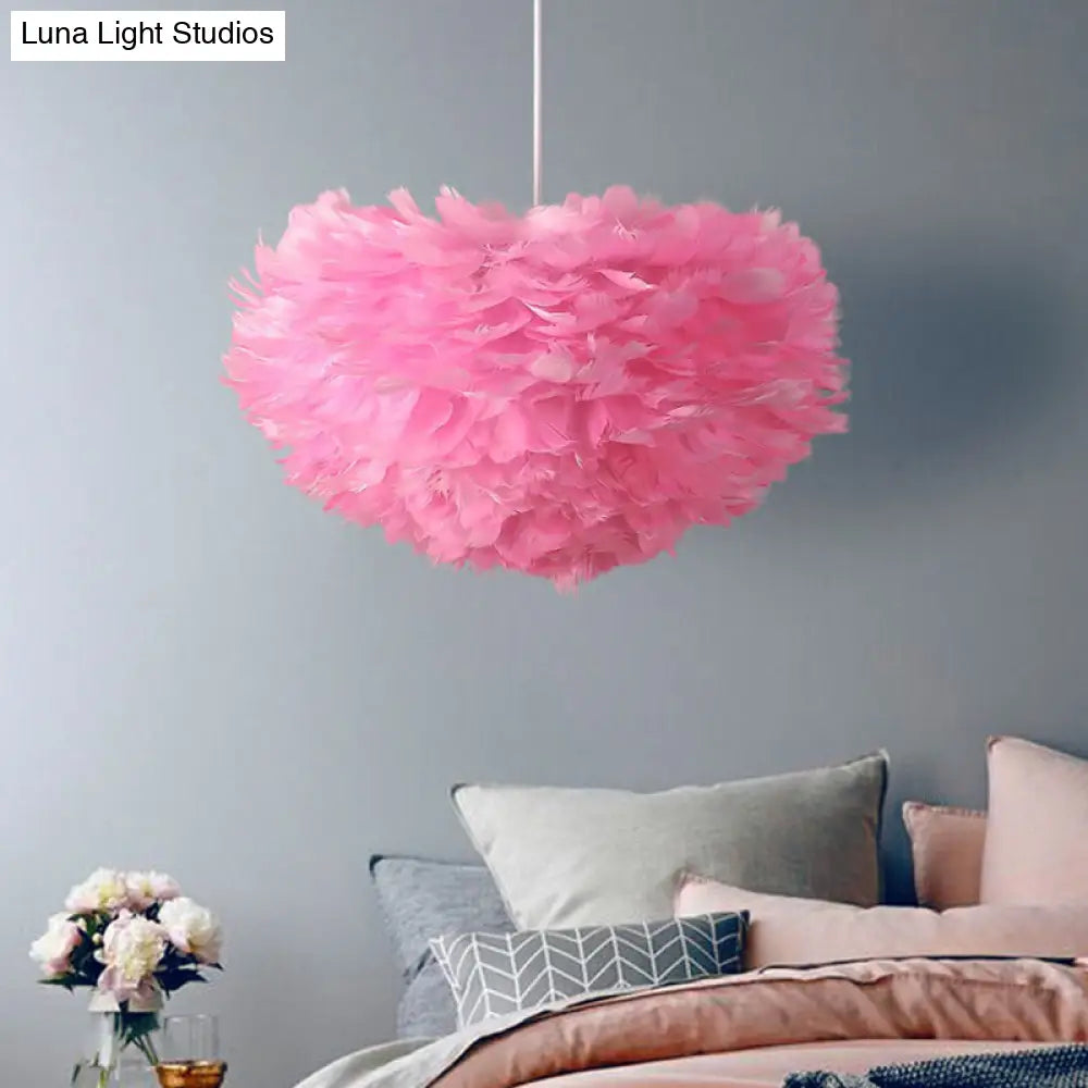 Minimalistic Feather Chandelier Light For Girls Bedroom Ceiling - Hemisphere Shaped Fixture