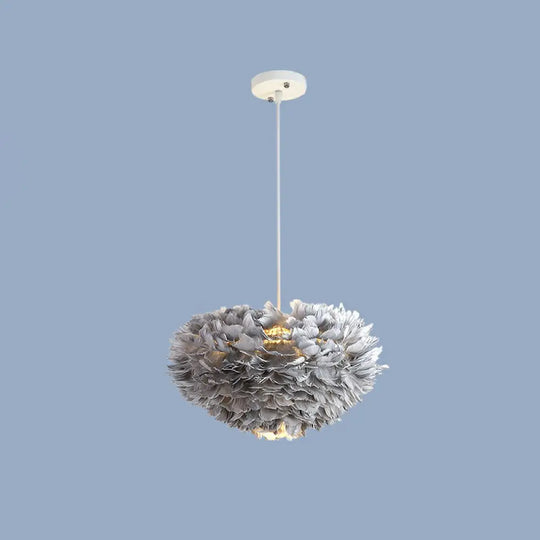 Minimalistic Feather Chandelier Light For Girls Bedroom Ceiling - Hemisphere Shaped Fixture Grey /