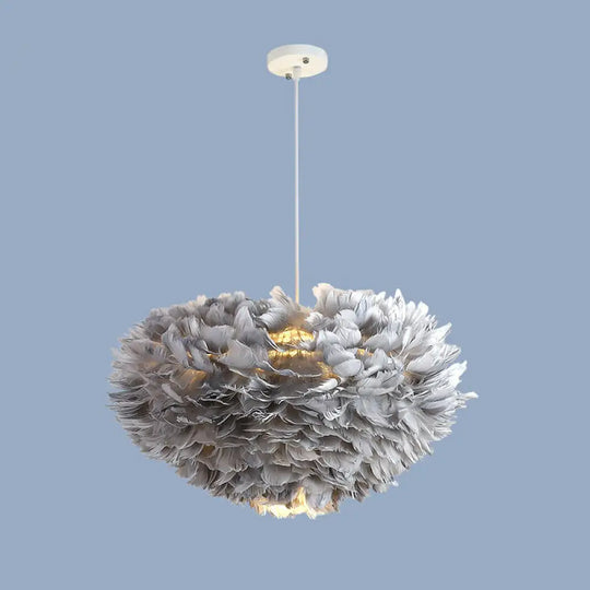 Minimalistic Feather Chandelier Light For Girls Bedroom Ceiling - Hemisphere Shaped Fixture Grey /