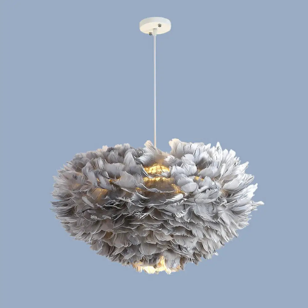 Minimalistic Feather Chandelier Light For Girls Bedroom Ceiling - Hemisphere Shaped Fixture Grey /