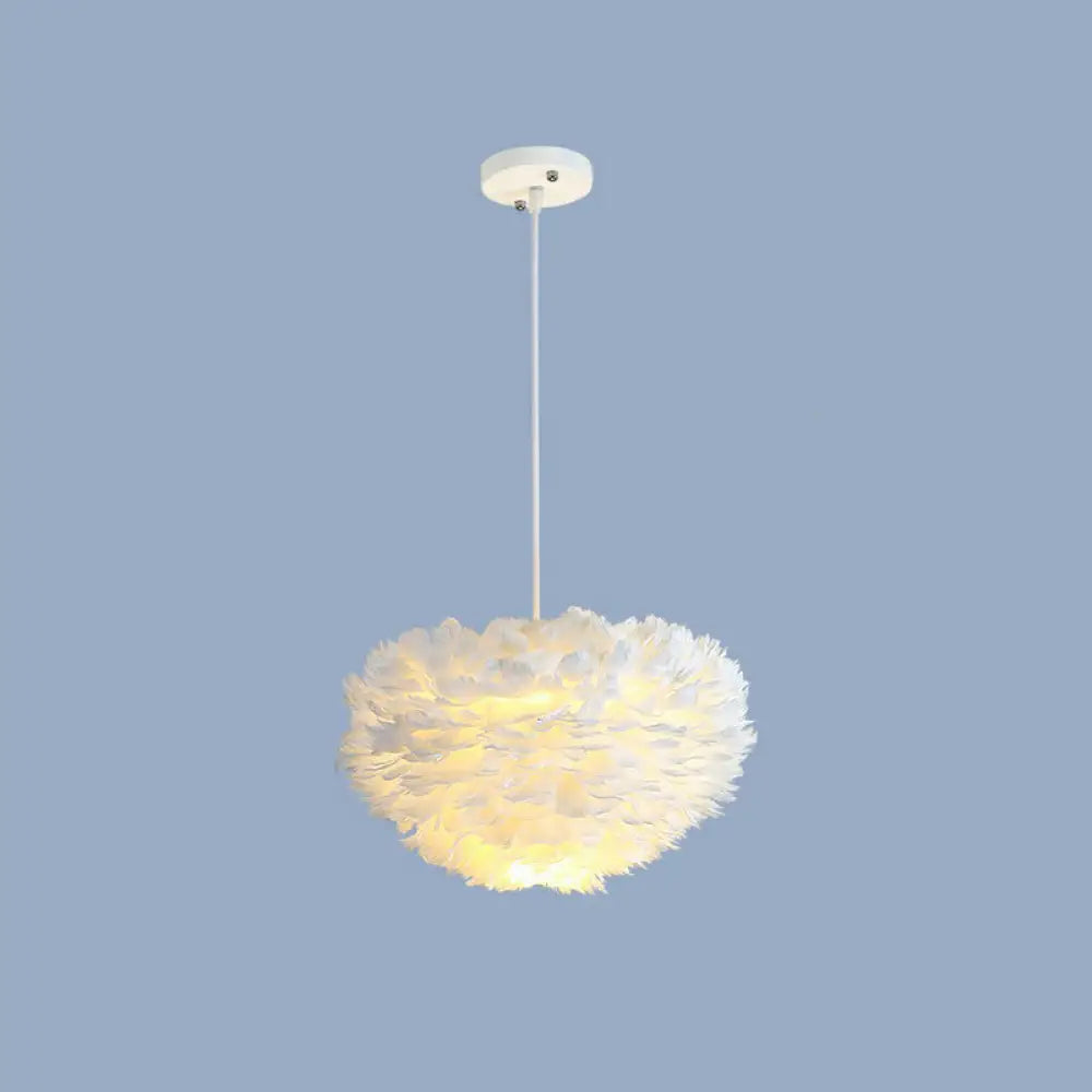 Minimalistic Feather Chandelier Light For Girls Bedroom Ceiling - Hemisphere Shaped Fixture White /