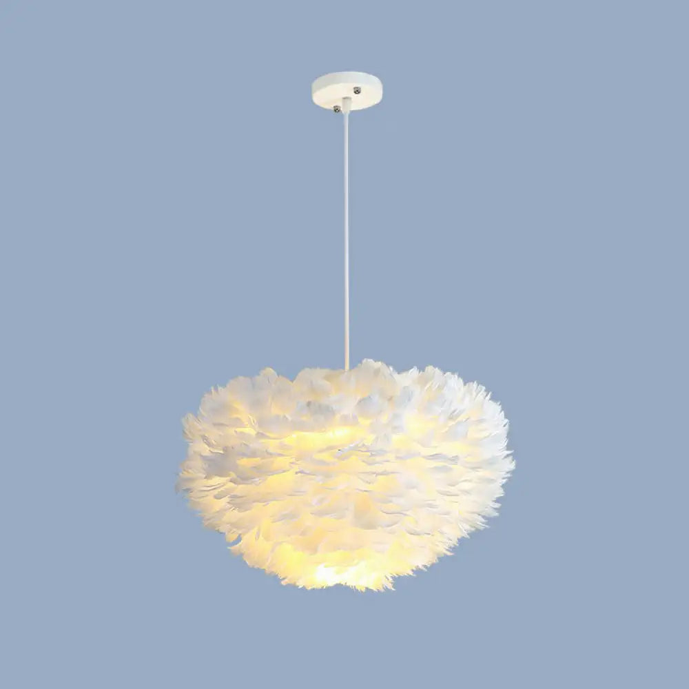 Minimalistic Feather Chandelier Light For Girls Bedroom Ceiling - Hemisphere Shaped Fixture White /