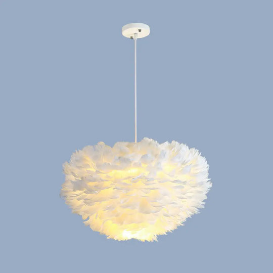 Minimalistic Feather Chandelier Light For Girls Bedroom Ceiling - Hemisphere Shaped Fixture White /