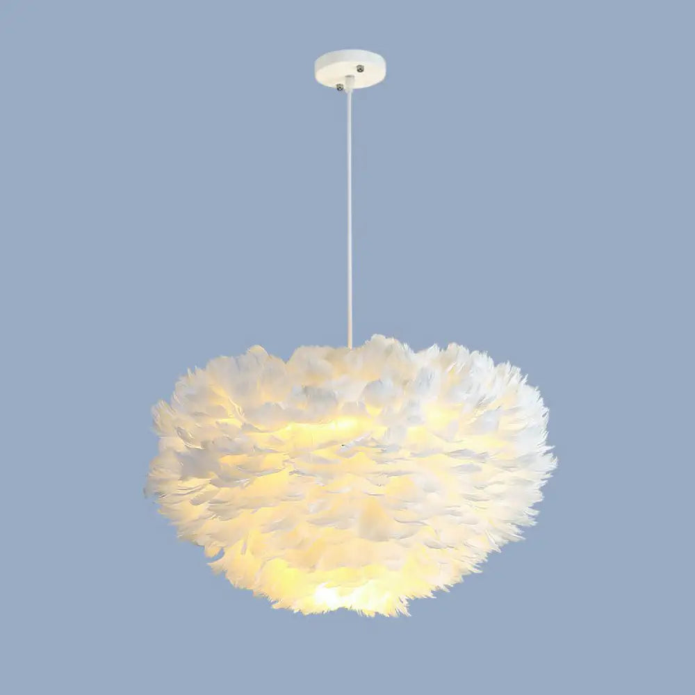 Minimalistic Feather Chandelier Light For Girls Bedroom Ceiling - Hemisphere Shaped Fixture White /