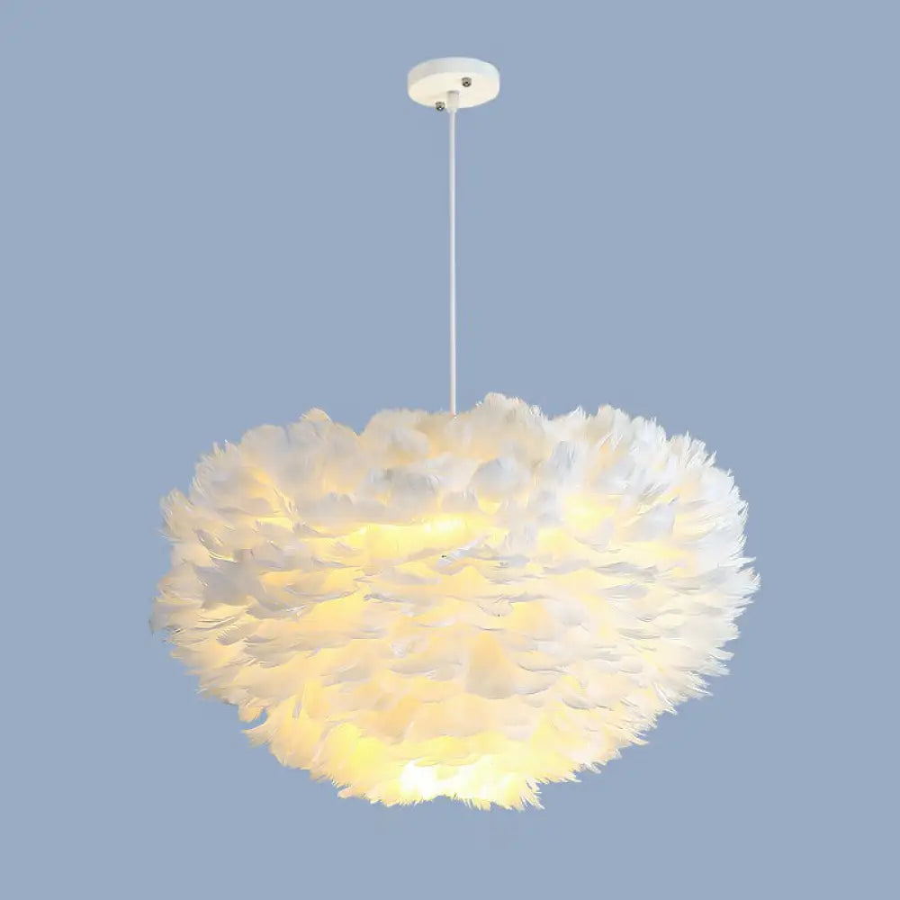 Minimalistic Feather Chandelier Light For Girls Bedroom Ceiling - Hemisphere Shaped Fixture White /