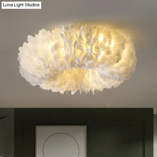 Minimalistic Feather Flush Mount Ceiling Light For Bedroom - White Doughnut Shape