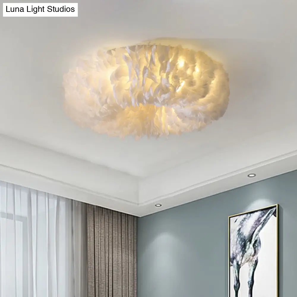 Minimalistic Feather Flush Mount Ceiling Light For Bedroom - White Doughnut Shape