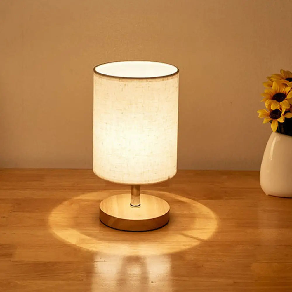 Minimalistic Flaxen Wood Table Lamp - 1-Light Fabric Night Light For Bedroom / Round