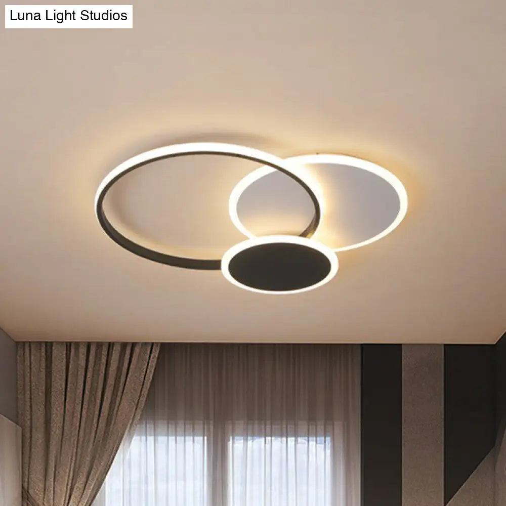 Minimalistic Geometrical Black Led Flush Mount Light For Living Room In Metallic Finish. / Warm