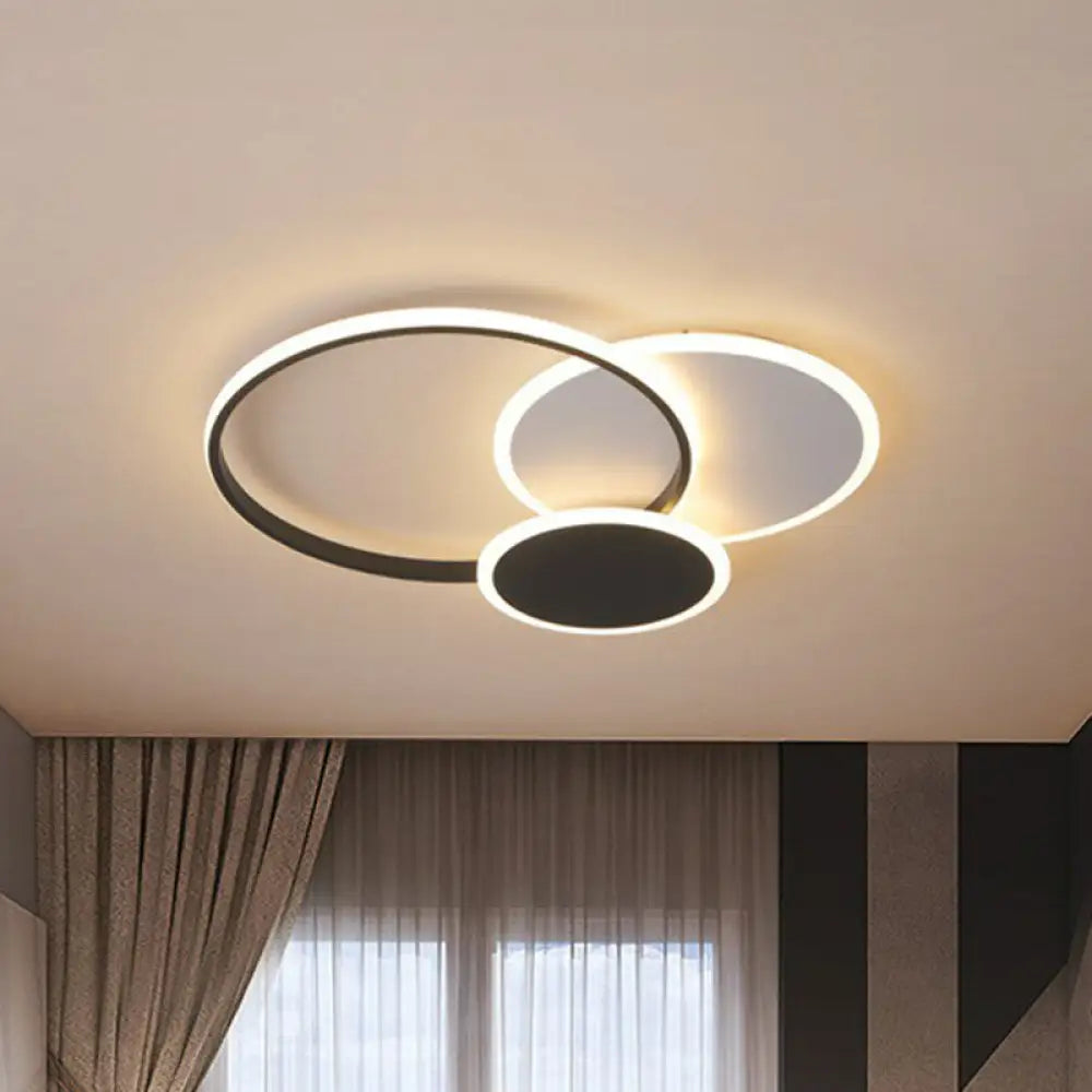 Minimalistic Geometrical Black Led Flush Mount Light For Living Room In Metallic Finish. / Warm