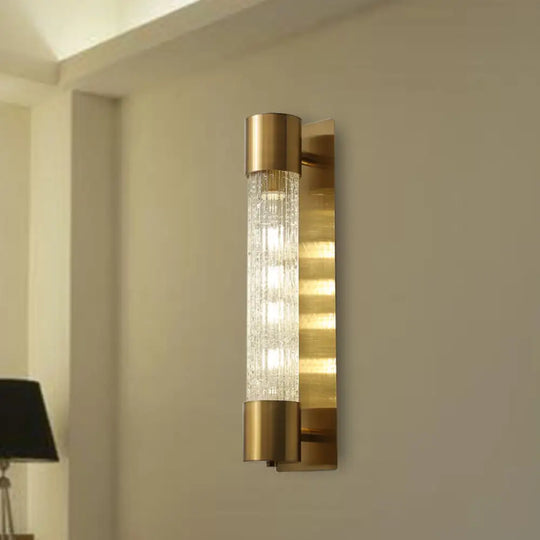 Minimalistic Gold Crackle Glass Wall Sconce Light - 1 Bulb Cylindrical Design 15/19.5 High / 19.5