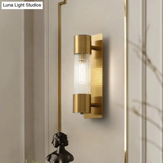 Minimalistic Gold Crackle Glass Wall Sconce Light - 1 Bulb Cylindrical Design 15/19.5 High