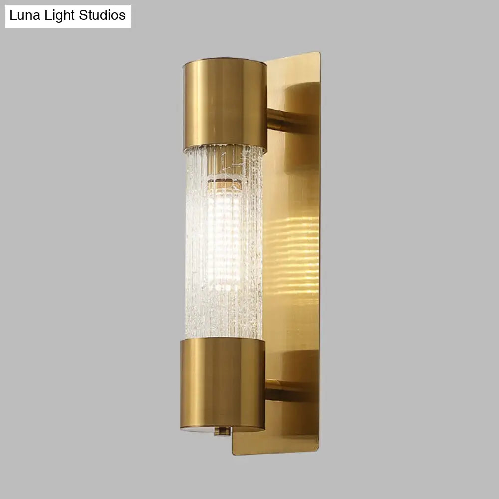 Minimalistic Gold Crackle Glass Wall Sconce Light - 1 Bulb Cylindrical Design 15/19.5 High