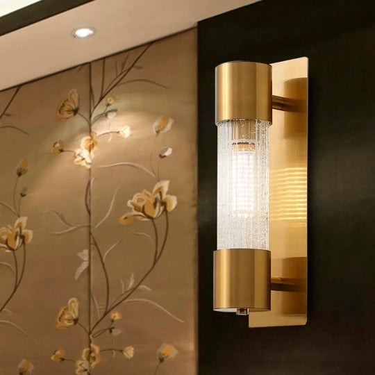 Minimalistic Gold Crackle Glass Wall Sconce Light - 1 Bulb Cylindrical Design 15/19.5 High / 15