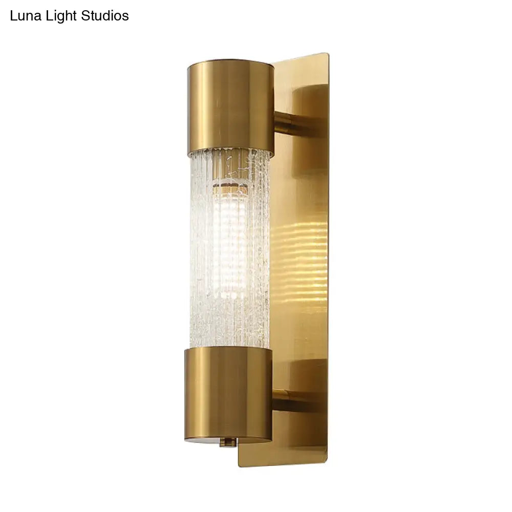 Minimalistic Gold Crackle Glass Wall Sconce Light - 1 Bulb Cylindrical Design 15/19.5 High