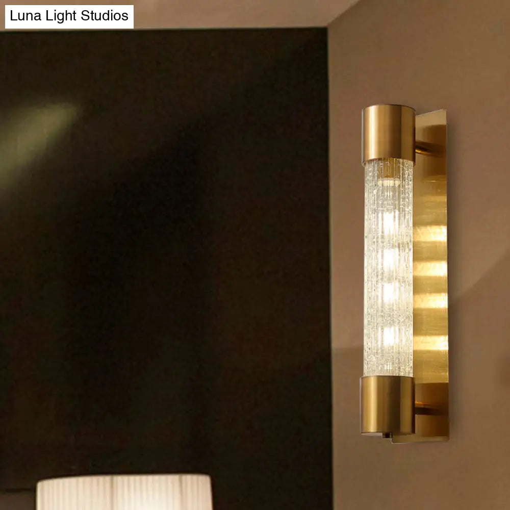 Minimalistic Gold Crackle Glass Wall Sconce Light - 1 Bulb Cylindrical Design 15/19.5 High