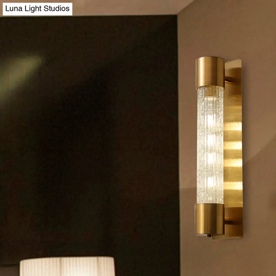 Minimalistic Gold Crackle Glass Wall Sconce Light - 1 Bulb Cylindrical Design 15/19.5 High