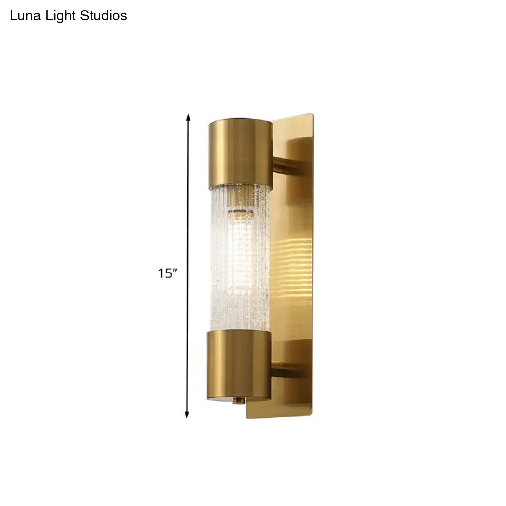 Minimalistic Gold Crackle Glass Wall Sconce Light - 1 Bulb Cylindrical Design 15/19.5 High