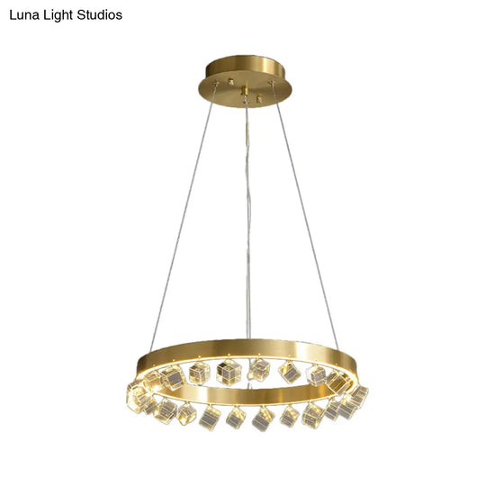 Minimalistic Gold Metal Led Pendant Light With Dangling Crystal Cube For Kitchen Dinette Chandelier