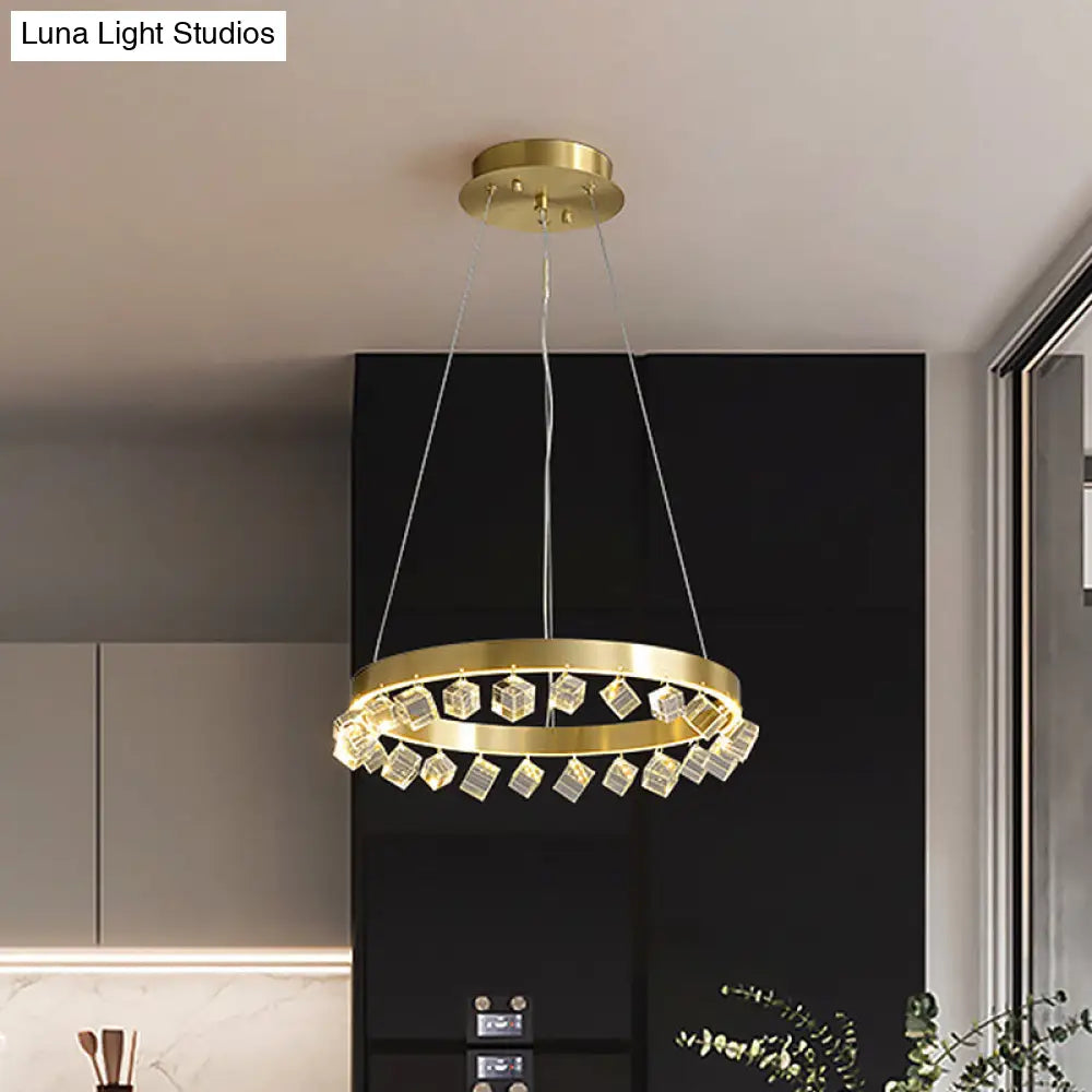 Minimalistic Metal Gold Finish Led Pendant Chandelier With Crystal Cube - Loop Kitchen Dinette