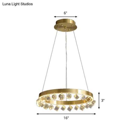 Minimalistic Gold Metal Led Pendant Light With Dangling Crystal Cube For Kitchen Dinette Chandelier