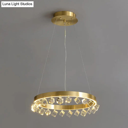 Minimalistic Gold Metal Led Pendant Light With Dangling Crystal Cube For Kitchen Dinette Chandelier