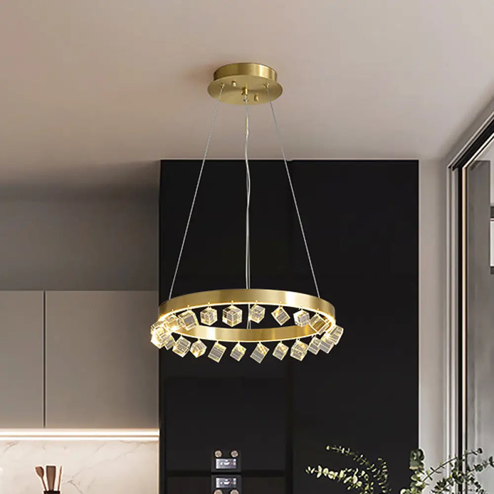 Minimalistic Gold Metal Led Pendant Light With Dangling Crystal Cube For Kitchen Dinette Chandelier