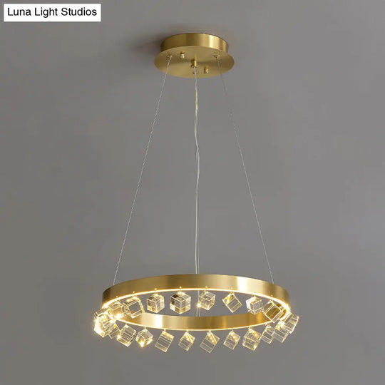 Minimalistic Metal Gold Finish Led Pendant Chandelier With Crystal Cube - Loop Kitchen Dinette