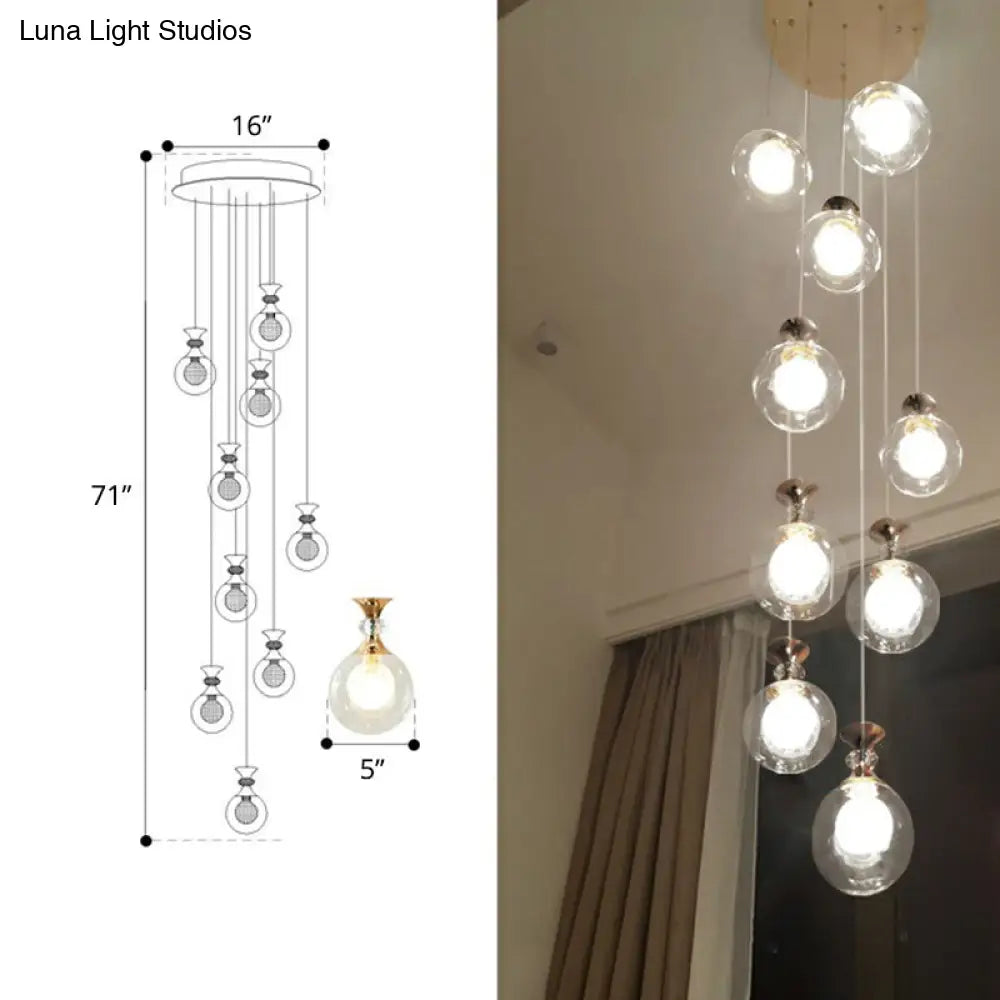 Gold Multi-Light Ceiling Lamp With Clear And Frosted Glass Ball Shades - Minimalistic Pendant For