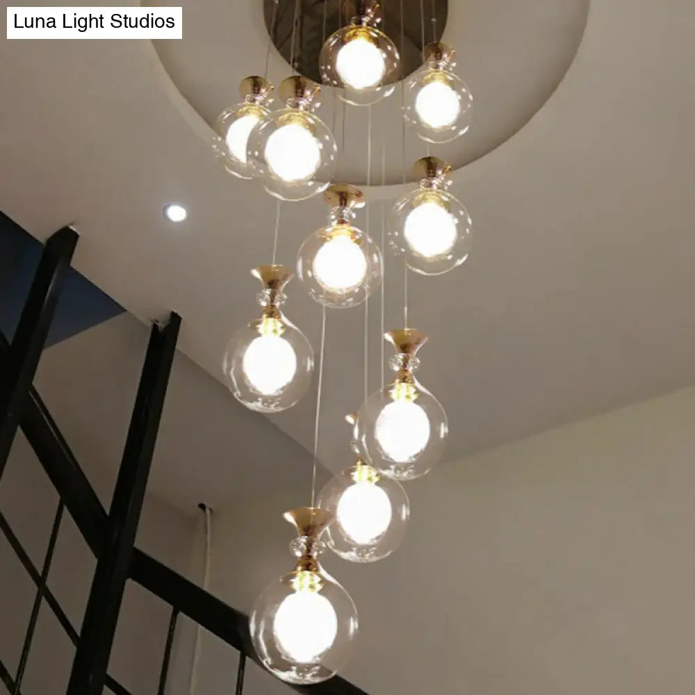 Gold Multi-Light Ceiling Lamp With Clear And Frosted Glass Ball Shades - Minimalistic Pendant For