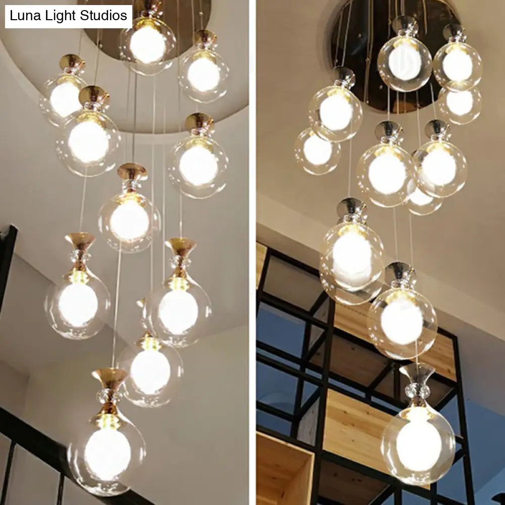 Minimalistic Gold Multi-Light Pendant Ceiling Lamp With Clear And Frosted Glass Ball Shades For