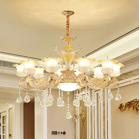 Minimalistic Gold Pendant Chandelier - Petal Frosted Glass Crystal Droplet Hanging Light Kit 10 /