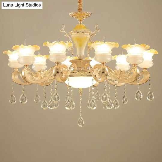 Minimalistic Gold Pendant Chandelier - Petal Frosted Glass Crystal Droplet Hanging Light Kit