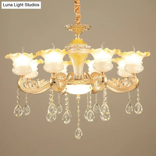 Gold Petal Frosted Glass Pendant Chandelier With Crystal Droplet - Minimalistic Hanging Light Kit