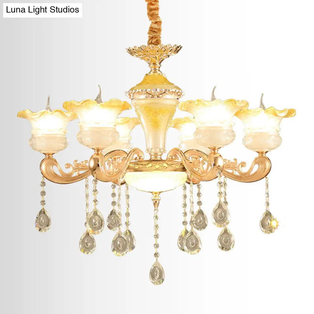 Minimalistic Gold Pendant Chandelier - Petal Frosted Glass Crystal Droplet Hanging Light Kit