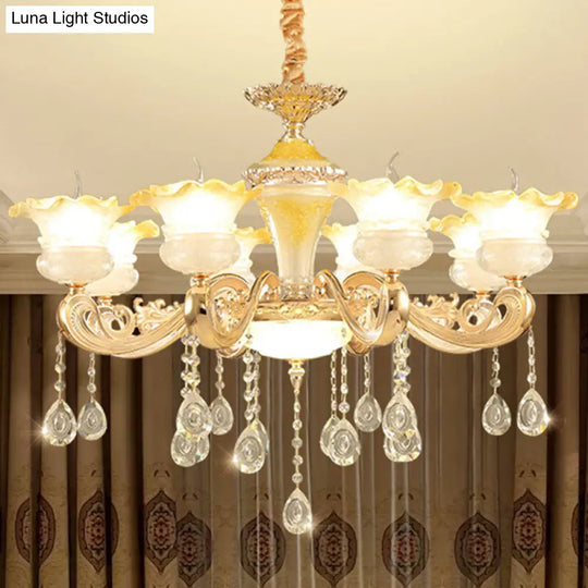 Gold Petal Frosted Glass Pendant Chandelier With Crystal Droplet - Minimalistic Hanging Light Kit 8