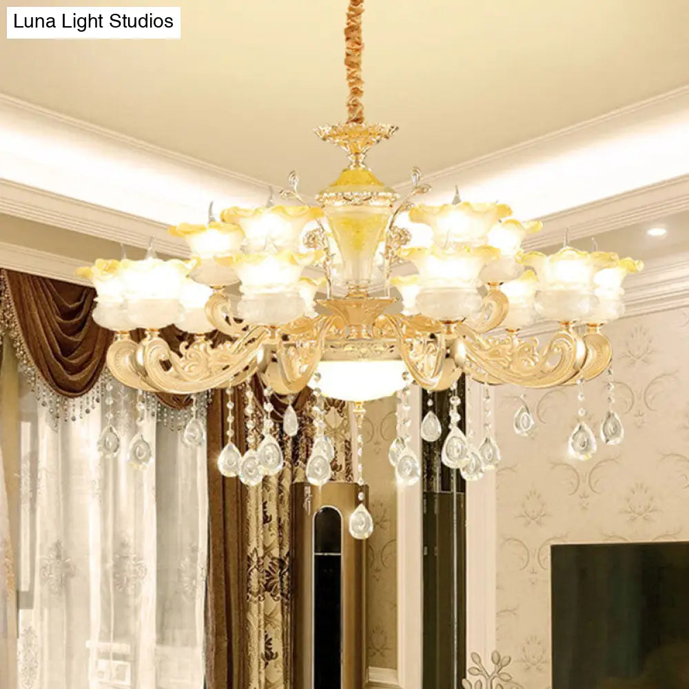 Gold Petal Frosted Glass Pendant Chandelier With Crystal Droplet - Minimalistic Hanging Light Kit 15