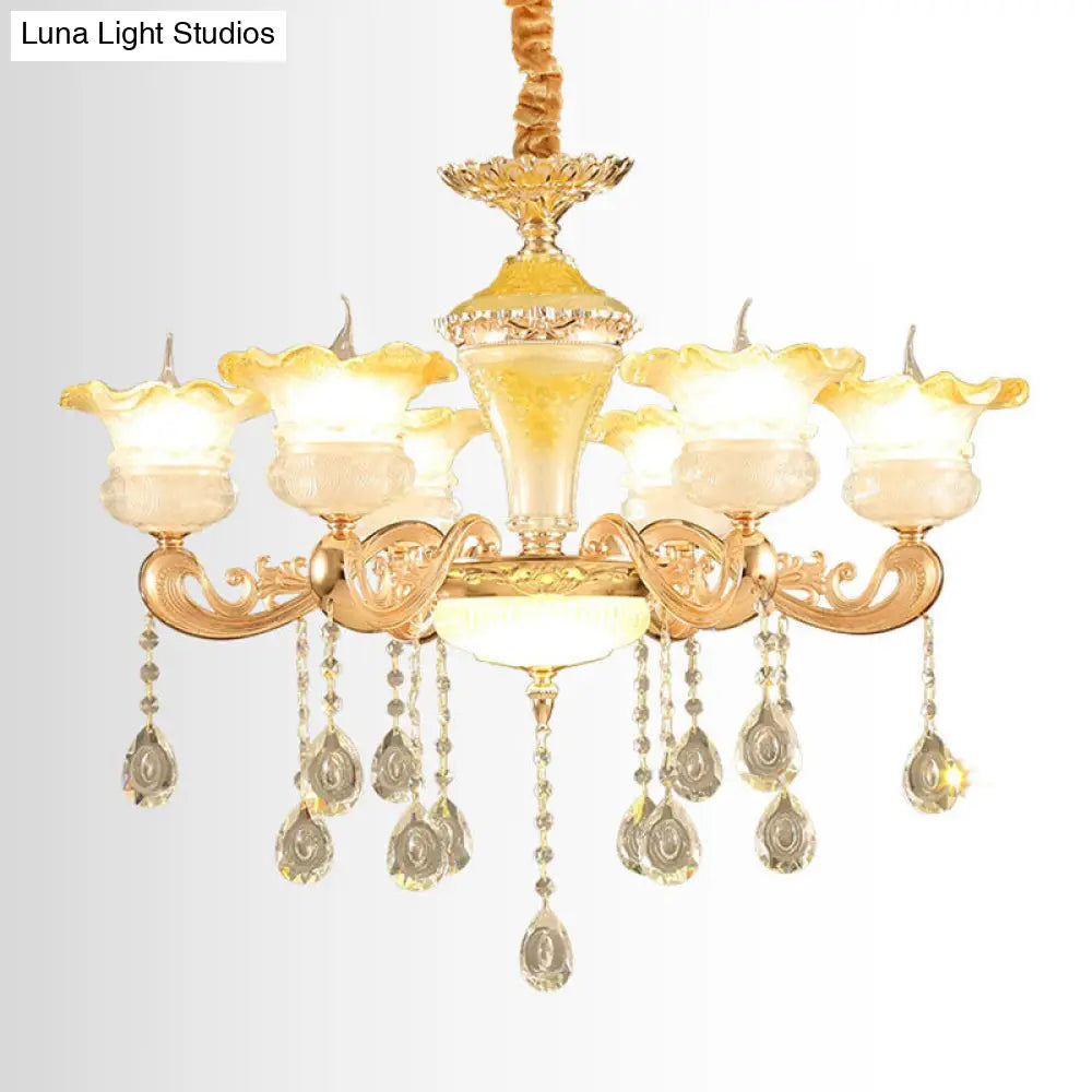 Gold Petal Frosted Glass Pendant Chandelier With Crystal Droplet - Minimalistic Hanging Light Kit