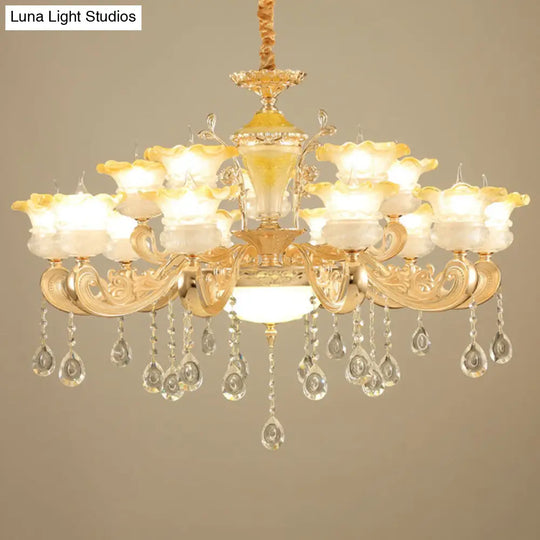 Minimalistic Gold Pendant Chandelier - Petal Frosted Glass Crystal Droplet Hanging Light Kit