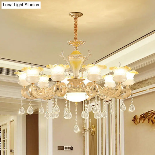 Gold Petal Frosted Glass Pendant Chandelier With Crystal Droplet - Minimalistic Hanging Light Kit 10