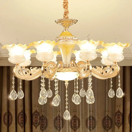 Minimalistic Gold Pendant Chandelier - Petal Frosted Glass Crystal Droplet Hanging Light Kit 8 /