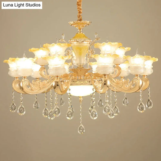 Gold Petal Frosted Glass Pendant Chandelier With Crystal Droplet - Minimalistic Hanging Light Kit