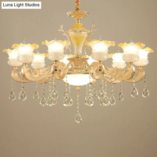 Gold Petal Frosted Glass Pendant Chandelier With Crystal Droplet - Minimalistic Hanging Light Kit