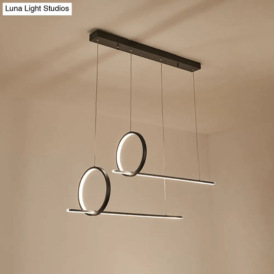 Minimalistic Iron Led Island Light Fixture: Linear And Ring Design - Black Finish 2-Head Hanging